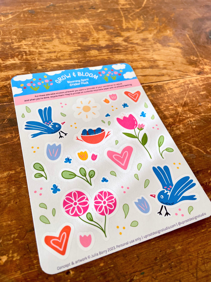 Adorable "Blooming Spirit" Sticker Sheet of Eco Stickers w. flowers, birds, nest with eggs, sun, hearts & green leaves (Grow & Bloom)