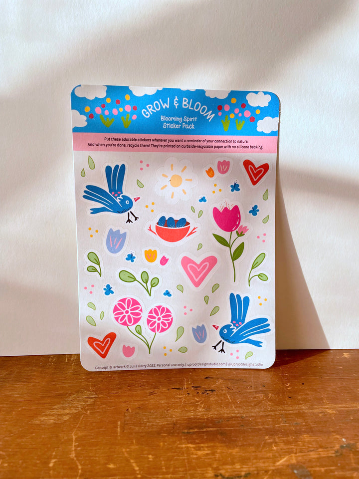 Adorable "Blooming Spirit" Sticker Sheet of Eco Stickers w. flowers, birds, nest with eggs, sun, hearts & green leaves (Grow & Bloom)