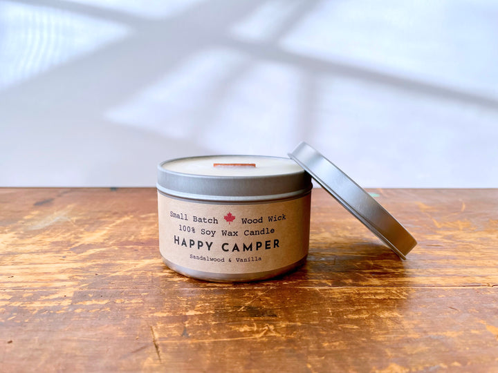 Golden Light Candle Relaxation Set: "Happy Camper" Scented (Sandalwood + Vanilla) Candle,  Meditation Card + Mindfulness Journal (Grow & Bloom)