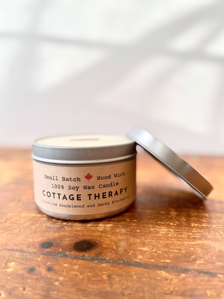 Shine On Candle Relaxation Set: "Cottage Therapy" Candle (Crackling Sandalwood & Smoky Blackberry Scent), Meditation Card + Mindfulness Journal