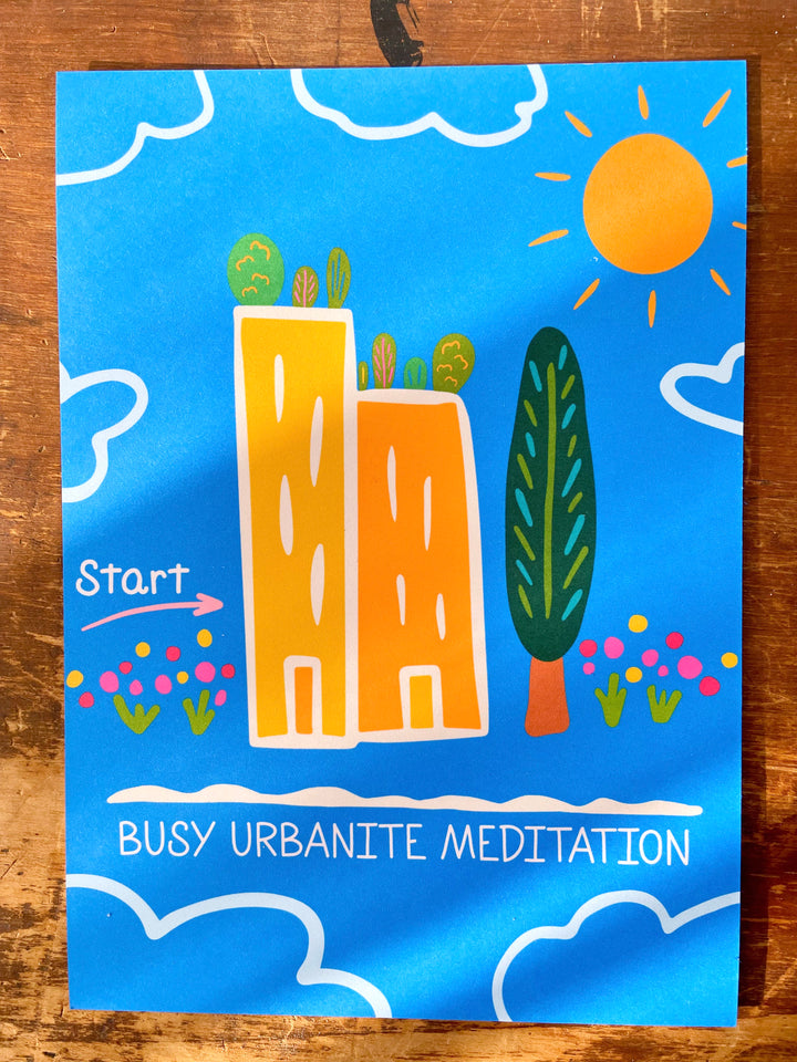 "Busy Urbanite" Hand-Illustrated Meditation Card w. Instructions 5x7"