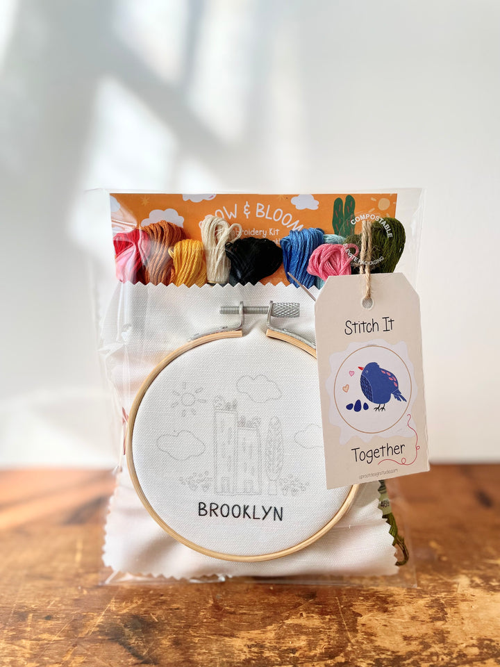 "Brooklyn" Green Cities Eco-Embroidery Kit w. Apartment Gardens, Flowers, Clouds, Tree & Sun 4" Sampler (Joyful Threads Grow & Bloom)