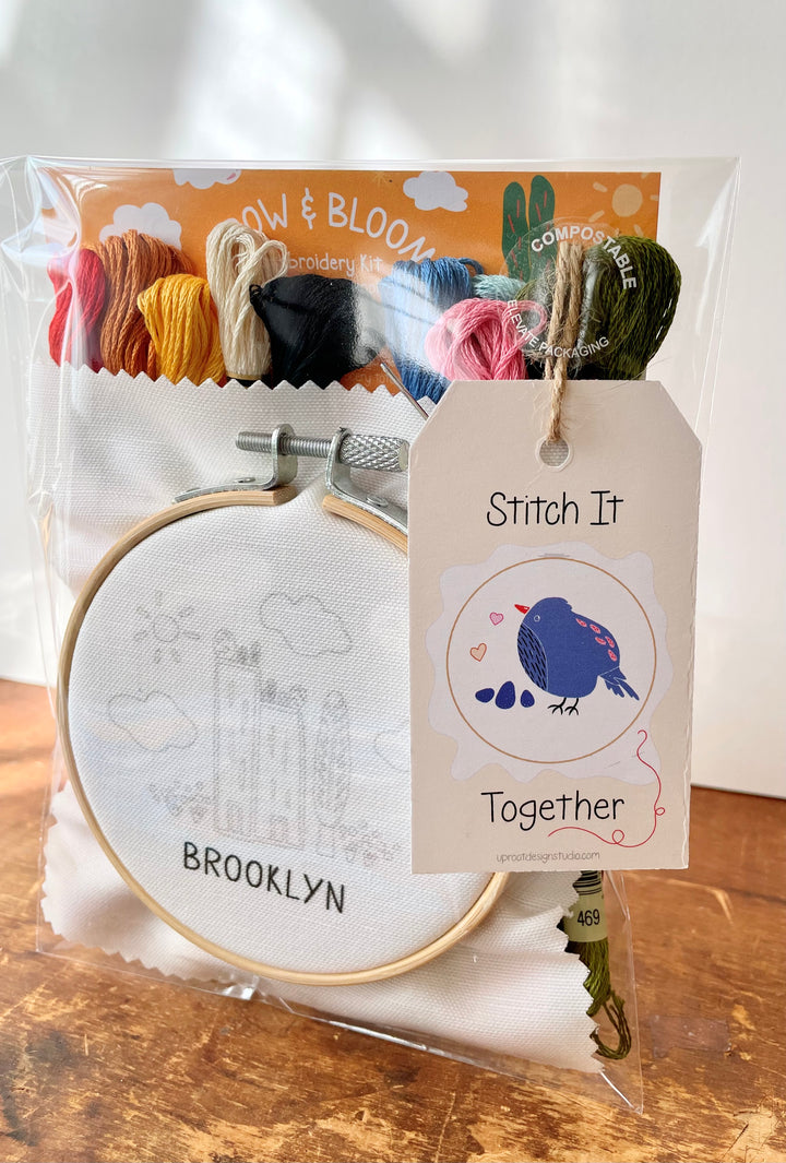 "Brooklyn" Green Cities Eco-Embroidery Kit w. Apartment Gardens, Flowers, Clouds, Tree & Sun 4" Sampler (Joyful Threads Grow & Bloom)