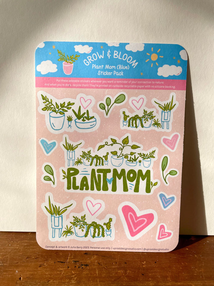 Adorable "Plant Mom" Sticker Sheet of Eco Stickers w. Hand-Lettering, Hearts & Houseplants in Pots (Grow & Bloom / Plant Parenthood)