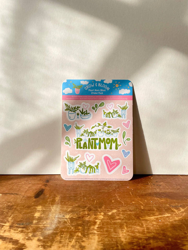 Adorable "Plant Mom" Sticker Sheet of Eco Stickers w. Hand-Lettering, Hearts & Houseplants in Pots (Grow & Bloom / Plant Parenthood)