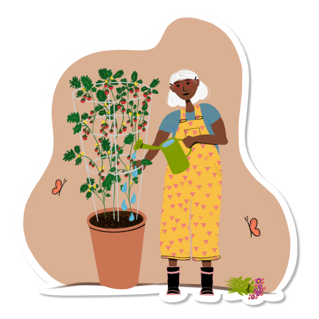 "Joyful Tomato Gardener" Hand-Drawn Decal Sticker (Grow & Bloom / Celebrate Pollinators)