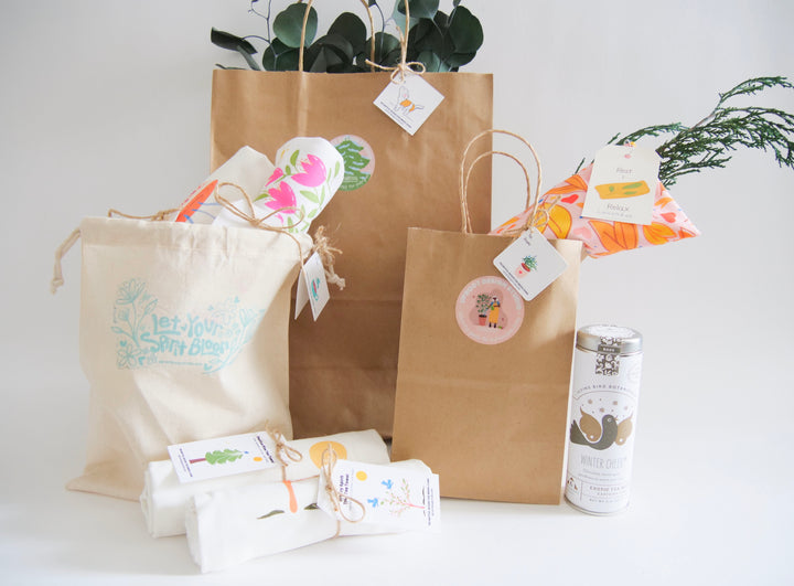 Fabric Gift Bag: UpRoot 100% Organic Cotton Double Cinch Fabric Gift Bags "Let Your Spirit Bloom" Stamp in Aqua, Black or Green