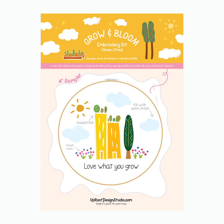"Love What You Grow" Eco-Embroidery Kit w. City Buildings, Plants, Trees & Flowers 4" Sampler (Joyful Threads Grow & Bloom)