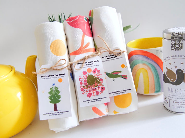 100% Organic Cotton "Warm Mug" Kitchen Tea Towels w. Hand-drawn Adorable Art - Assorted (Tea Time/Warm Wishes)