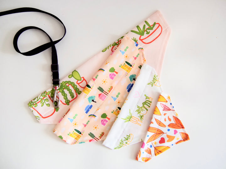 100% Organic Cotton Hand-Sewn Pet Bandana with "Whimsical Houseplants" Pattern in White (Green Paws)