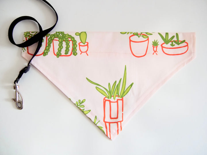 100% Organic Cotton Hand-Sewn Pet Bandana with "Whimsical Houseplants" Large Scale Pattern in Pink (Green Paws)