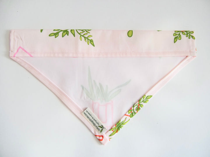 100% Organic Cotton Hand-Sewn Pet Bandana with "Whimsical Houseplants" Large Scale Pattern in Pink (Green Paws)