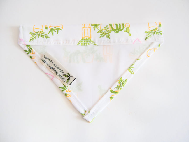 100% Organic Cotton Hand-Sewn Pet Bandana with "Whimsical Houseplants" Pattern in White (Green Paws)