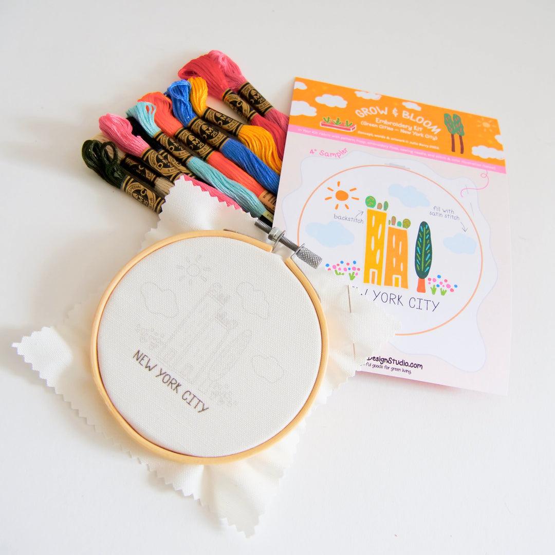 "New York City" Green Cities Eco-Embroidery Kit w. Apartment Gardens, Flowers, Clouds, Tree & Sun 4" Sampler (Joyful Threads / Grow & Bloom)