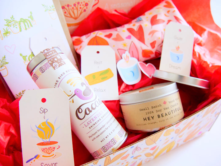 "Rejuvenate" Gift Box: Eye Pillow, Lavender Mint Hot Chocolate, Scented Soy Candle, Houseplant Greeting Card & Stickers (Love in Bloom