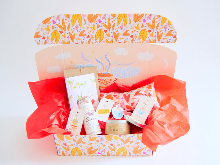 "Rejuvenate" Gift Box: Eye Pillow, Lavender Mint Hot Chocolate, Scented Soy Candle, Houseplant Greeting Card & Stickers (Love in Bloom