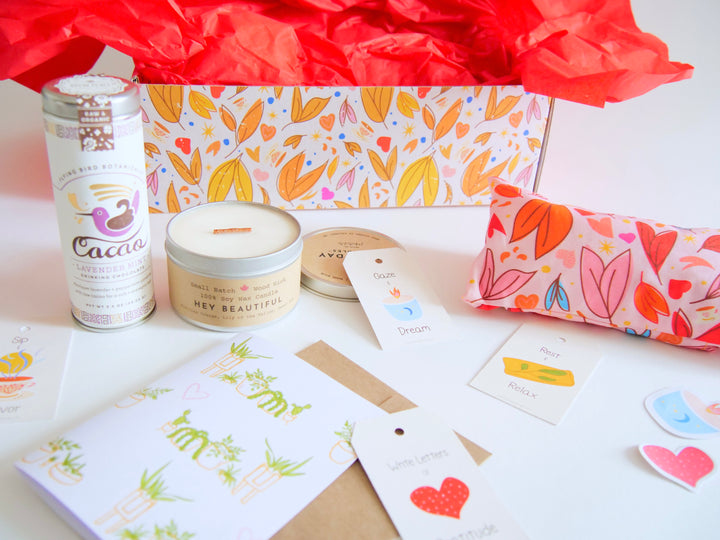 "Rejuvenate" Gift Box: Eye Pillow, Lavender Mint Hot Chocolate, Scented Soy Candle, Houseplant Greeting Card & Stickers (Love in Bloom
