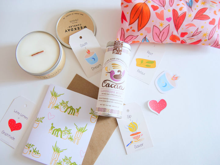 "Rejuvenate" Gift Box: Eye Pillow, Lavender Mint Hot Chocolate, Scented Soy Candle, Houseplant Greeting Card & Stickers (Love in Bloom