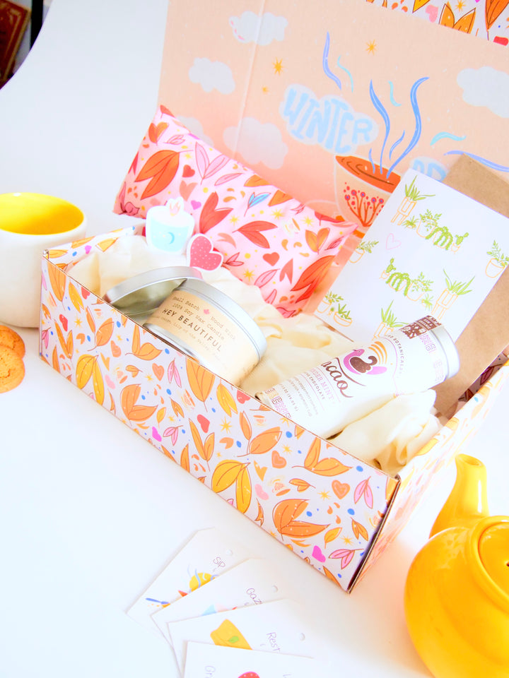 "Rejuvenate" Gift Box: Eye Pillow, Lavender Mint Hot Chocolate, Scented Soy Candle, Houseplant Greeting Card & Stickers (Love in Bloom
