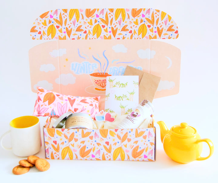 "Rejuvenate" Gift Box: Eye Pillow, Lavender Mint Hot Chocolate, Scented Soy Candle, Houseplant Greeting Card & Stickers (Love in Bloom