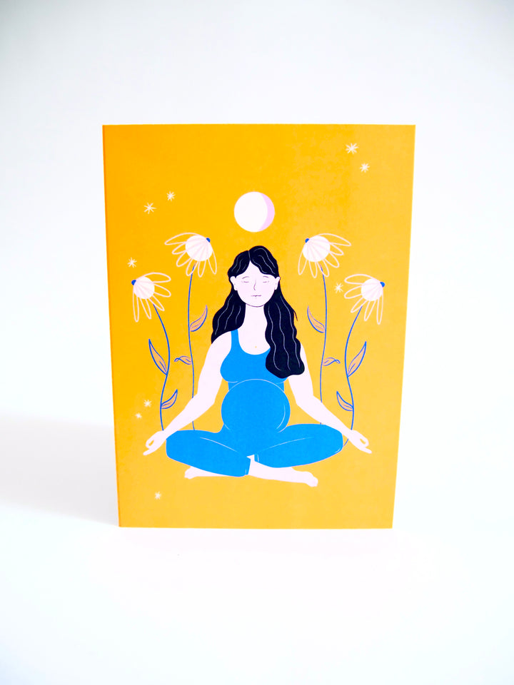 "Meditating Mama" Eco Recycled Greeting Card w. Hand-Drawn Art of Pregnant Person in Meditation Yoga Pose + Recycled Envelope, Blank inside