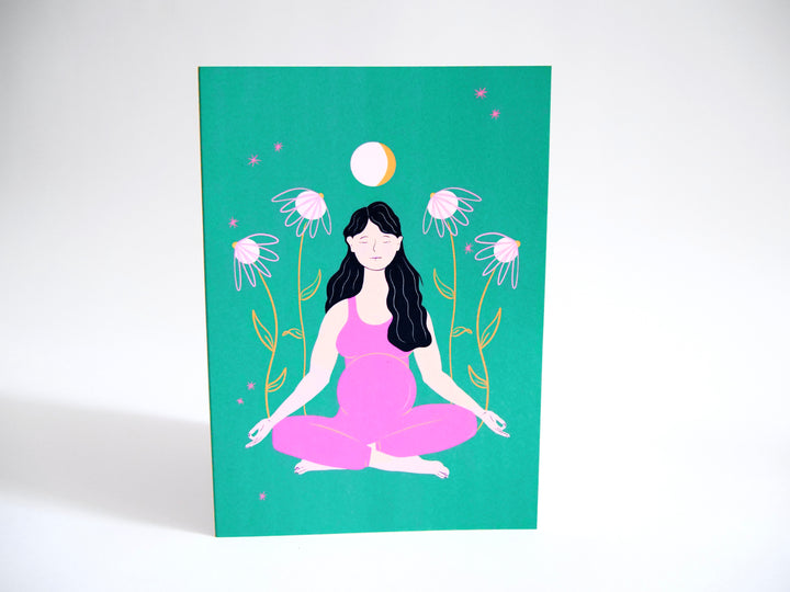 "Meditating Mama" Eco Recycled Greeting Card w. Hand-Drawn Art of Pregnant Person in Meditation Yoga Pose + Recycled Envelope, Blank inside