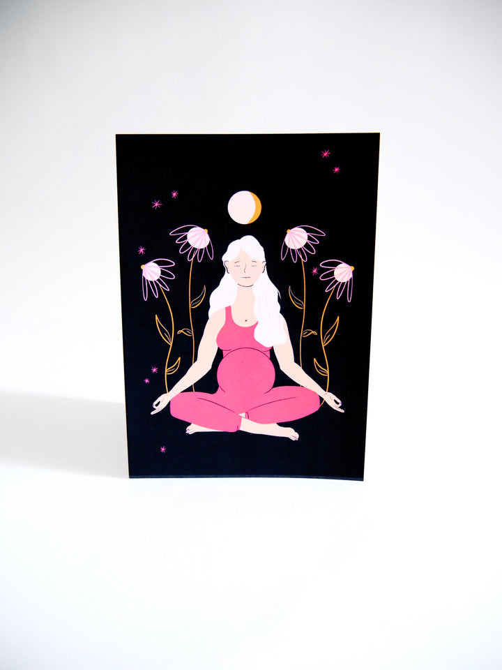 "Meditating Mama" Eco Recycled Greeting Card w. Hand-Drawn Art of Pregnant Person in Meditation Yoga Pose + Recycled Envelope, Blank inside