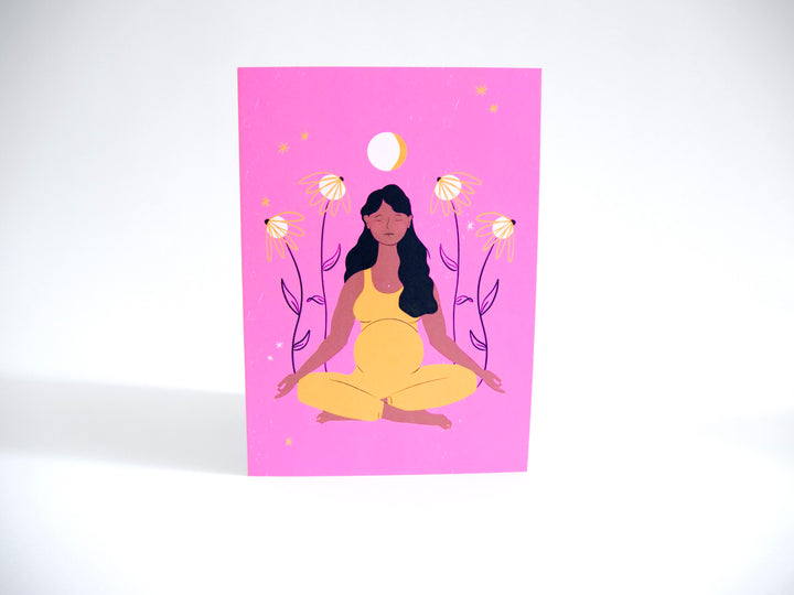 "Meditating Mama" Eco Recycled Greeting Card w. Hand-Drawn Art of Pregnant Person in Meditation Yoga Pose + Recycled Envelope, Blank inside
