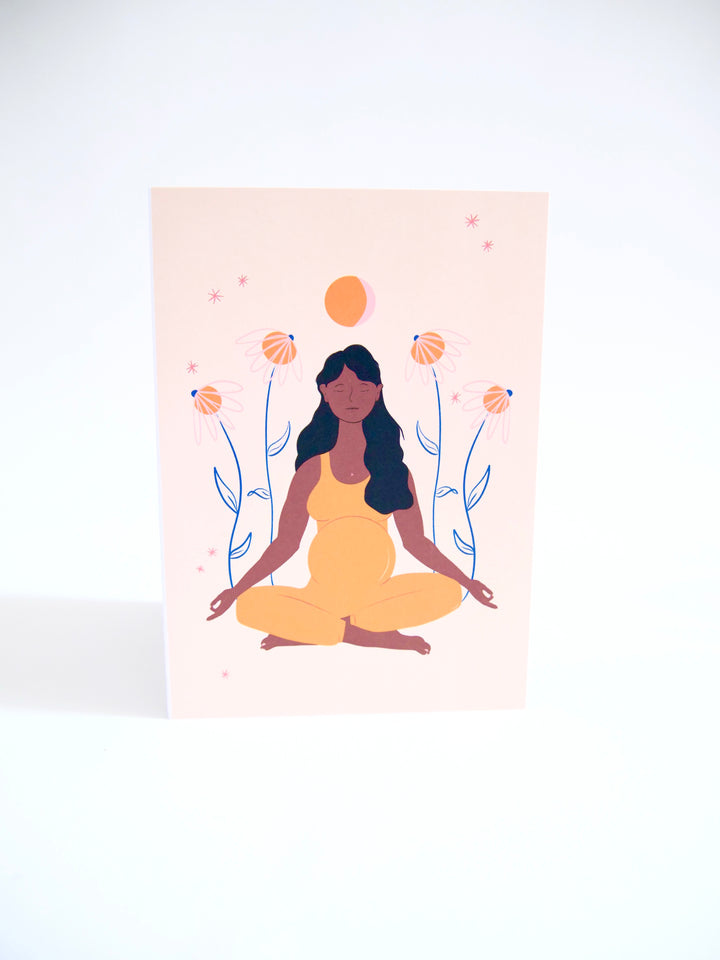"Meditating Mama" Eco Recycled Greeting Card w. Hand-Drawn Art of Pregnant Person in Meditation Yoga Pose + Recycled Envelope, Blank inside