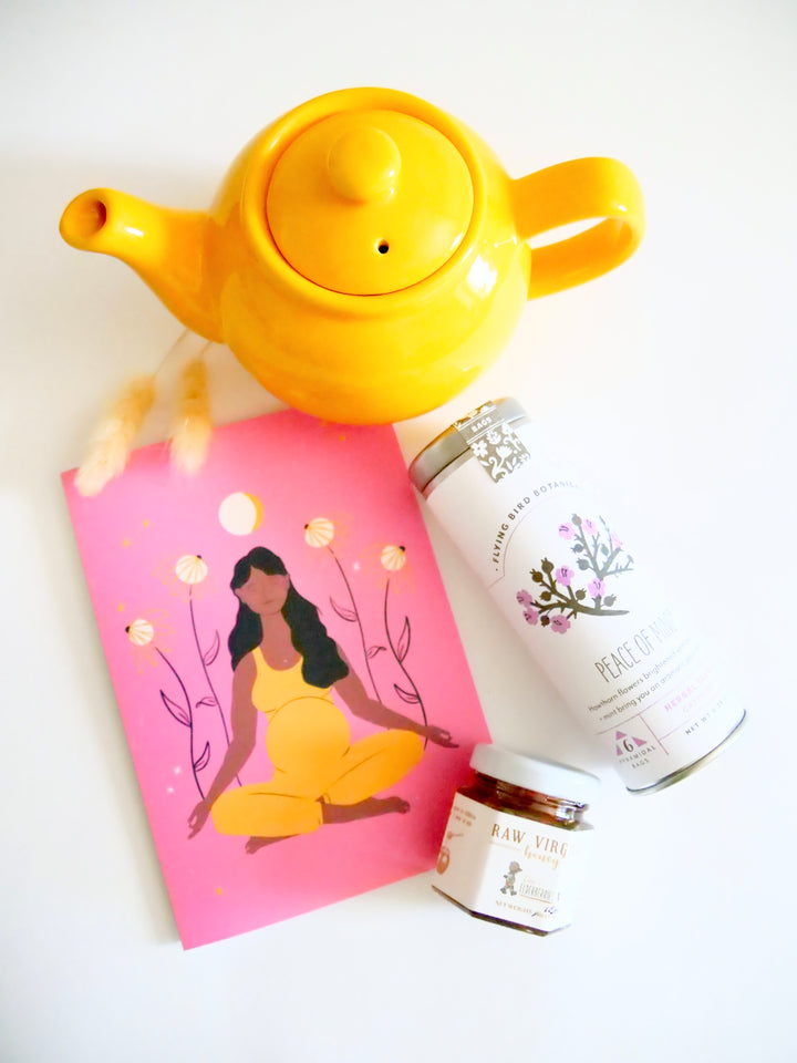 "Meditating Mama" Eco Recycled Greeting Card w. Hand-Drawn Art of Pregnant Person in Meditation Yoga Pose + Recycled Envelope, Blank inside