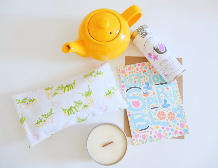 Hug in a Box: Chamomile Eye Pillow, Floral Tea, Honey, "Cottage Therapy" Candle, and Greeting Card (Natural Comforts / Grow & Bloom)