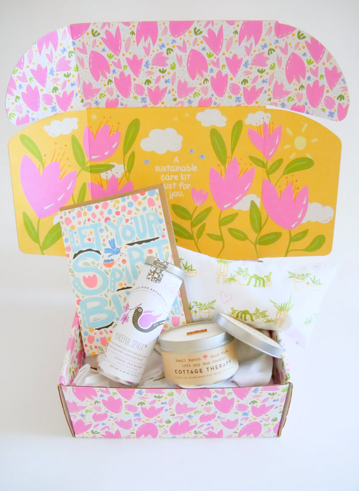 Hug in a Box: Chamomile Eye Pillow, Floral Tea, Honey, "Cottage Therapy" Candle, and Greeting Card (Natural Comforts / Grow & Bloom)