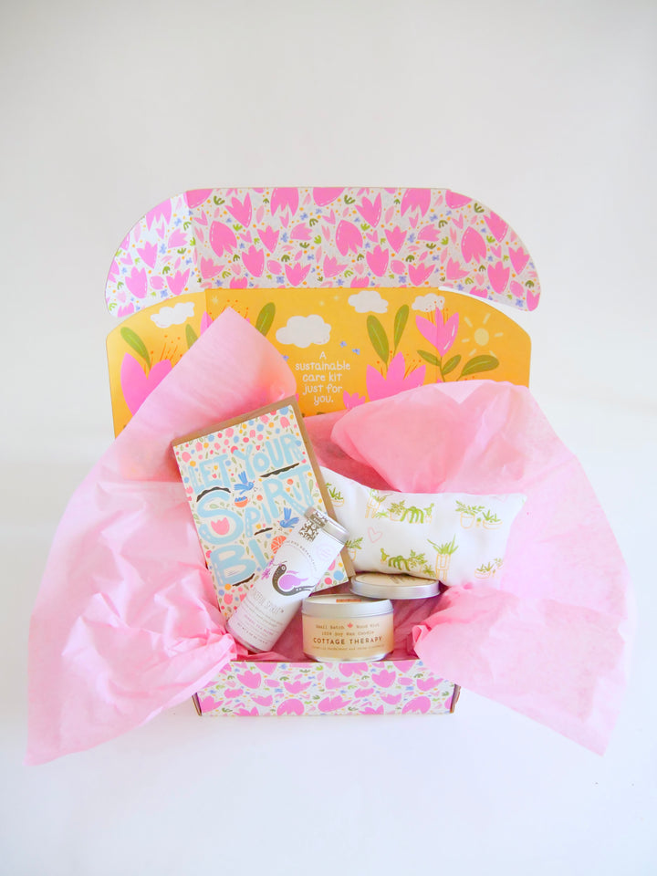Hug in a Box: Chamomile Eye Pillow, Floral Tea, Honey, "Cottage Therapy" Candle, and Greeting Card (Natural Comforts / Grow & Bloom)