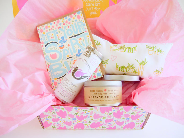 Hug in a Box: Chamomile Eye Pillow, Floral Tea, Honey, "Cottage Therapy" Candle, and Greeting Card (Natural Comforts / Grow & Bloom)