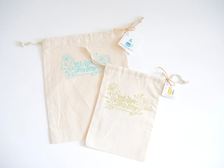 Fabric Gift Bag: UpRoot 100% Organic Cotton Double Cinch Fabric Gift Bags "Let Your Spirit Bloom" Stamp in Aqua, Black or Green
