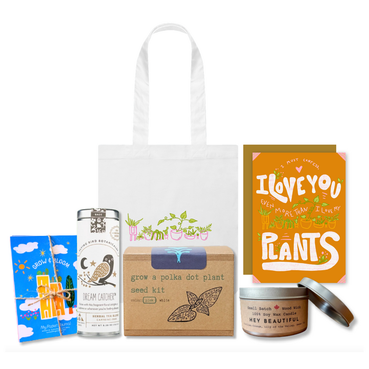 "Plant Parent" Gift Box: Pink Polka-Dot Houseplant Kit, "Hey Beautiful" Soy Candle, Houseplant Tote Bag, Greeting Card, Floral Tea, Mindfulness Journal (Grow & Bloom)