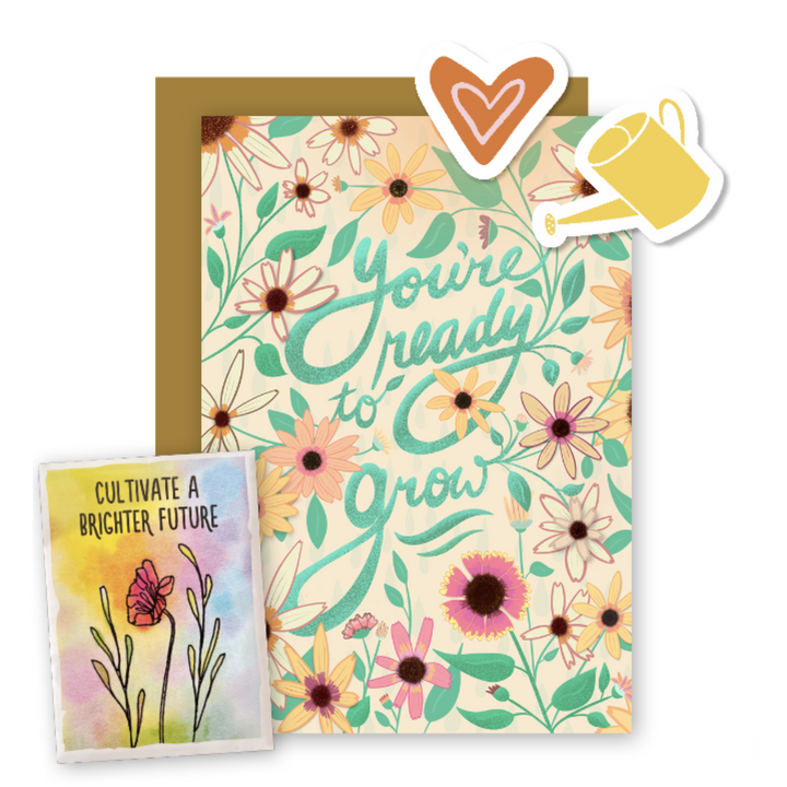 "Ready to Grow" Garden Greetings Kit w. Wildflower Seed Packet, Infosheets + Greeting Card w. Hand-drawn Gaillardia Flowers (Celebrate Pollinators)