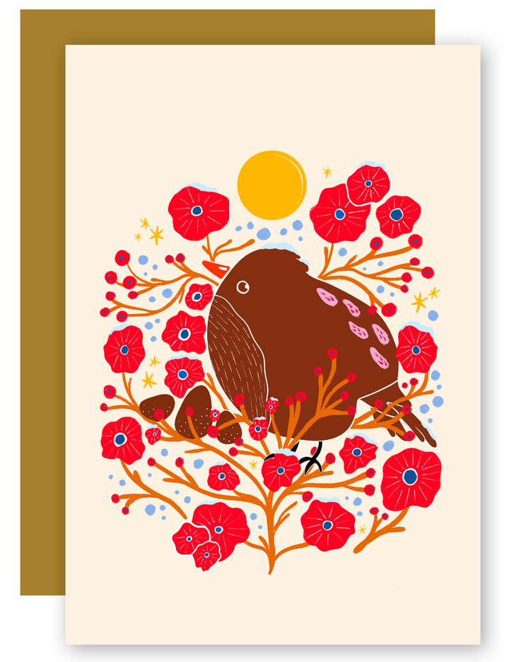 "Holiday Bird in the Bush" Greeting Cards + Matching Envelope - Assorted (Winter Wishes / Words of Love)