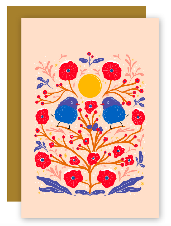 "Fuzzy Birds in the Bush" Adorable Greeting Cards with Fluffy Pair + Matching Envelope - Assorted (Winter Wishes / Words of Love)