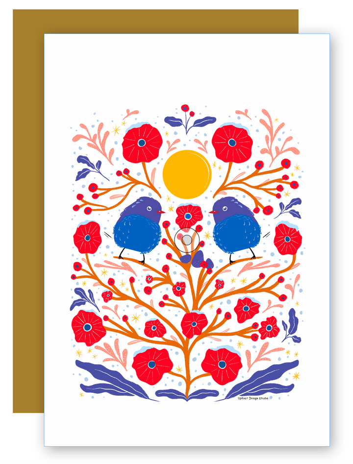 "Fuzzy Birds in the Bush" Adorable Greeting Cards with Fluffy Pair + Matching Envelope - Assorted (Winter Wishes / Words of Love)