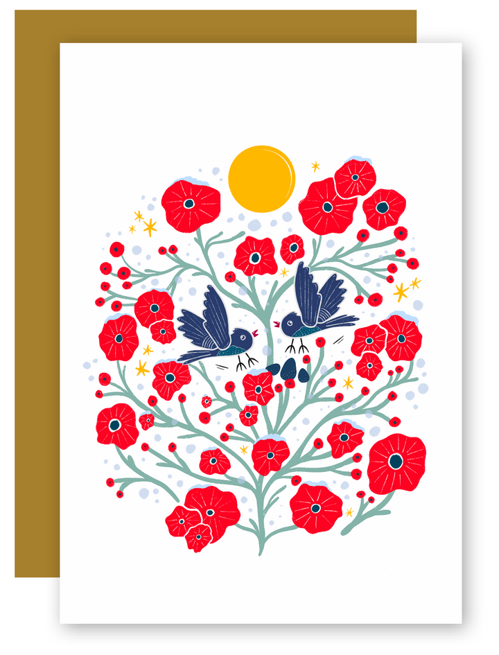 "Flying Birds in the Bush" Adorable Greeting Cards + Matching Envelope - Assorted (Winter Wishes / Words of Love)