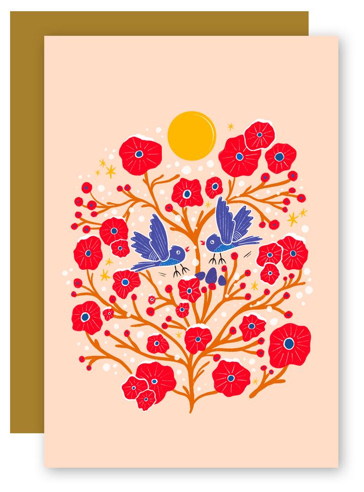 "Flying Birds in the Bush" Adorable Greeting Cards + Matching Envelope - Assorted (Winter Wishes / Words of Love)