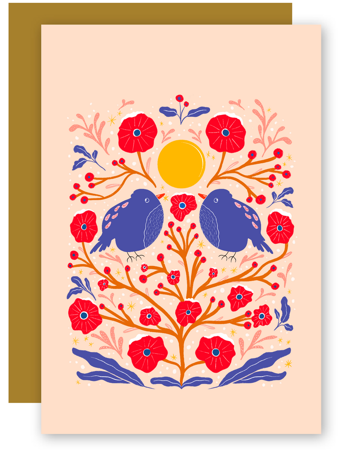 "Two Birds in the Bush" Adorable Greeting Cards + Matching Envelope - Assorted (Winter Wishes / Words of Love)