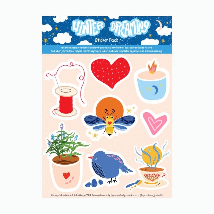 Winter Dreaming Recyclable Sticker Sheet: Bird, Hearts, Tea, Spool, Lavender, Candle, Bee (Winter Dreaming/Love in Bloom)