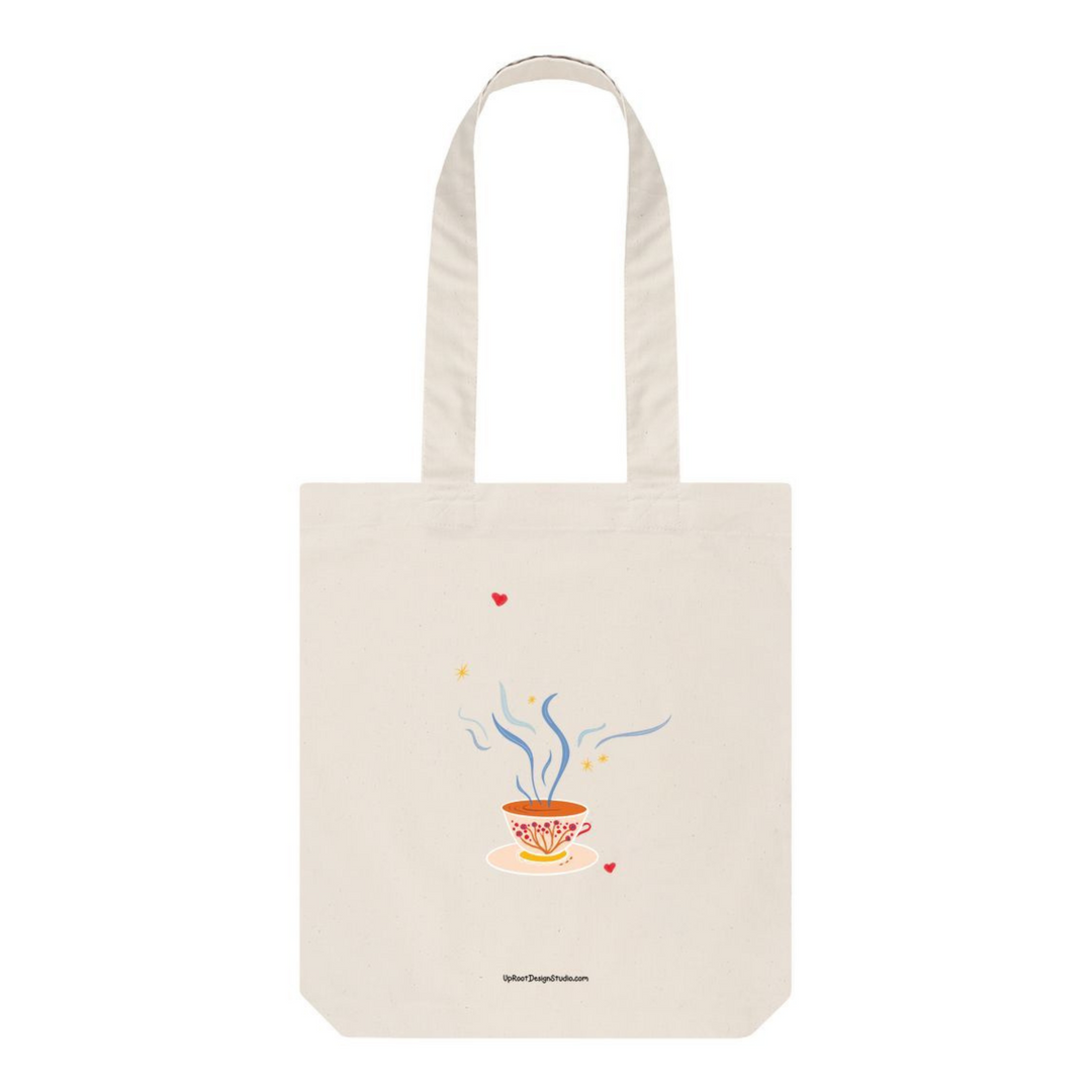 Teacup 100% Organic Cotton Grocery Tote Bag Floral Cup & Saucer, Steam, Hearts & Stars