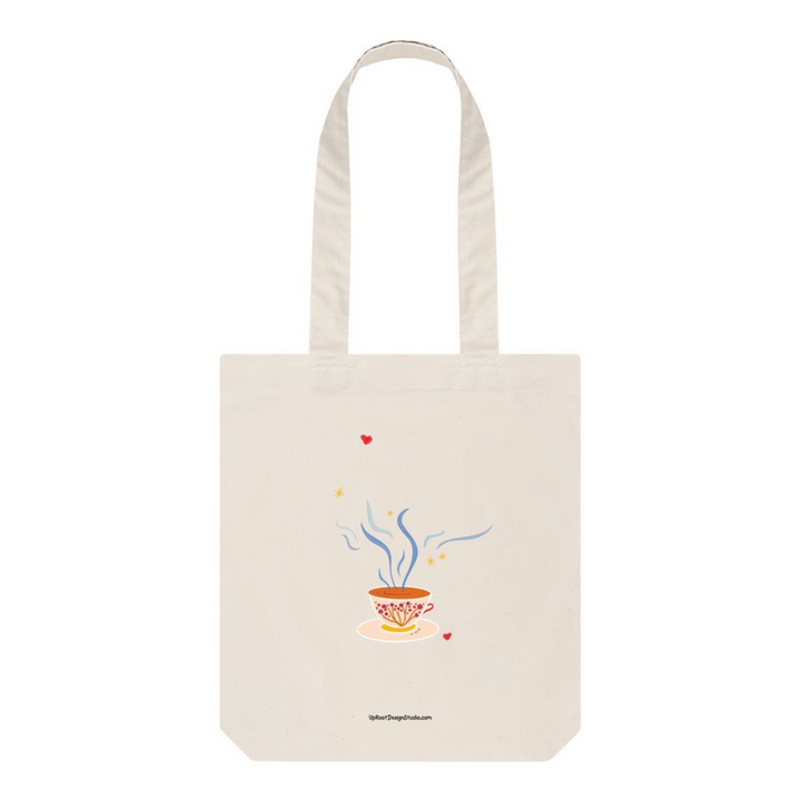 Teacup 100% Organic Cotton Grocery Tote Bag Floral Cup & Saucer, Steam, Hearts & Stars