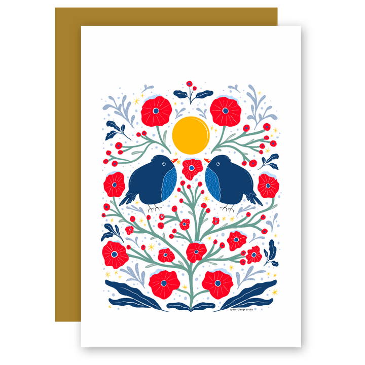 "Two Birds in the Bush" Adorable Greeting Cards + Matching Envelope - Assorted (Winter Wishes / Words of Love)