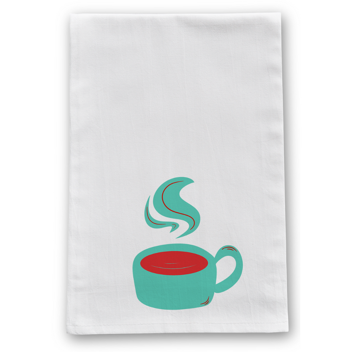 100% Organic Cotton "Warm Mug" Kitchen Tea Towels w. Hand-drawn Adorable Art - Assorted (Tea Time/Warm Wishes)