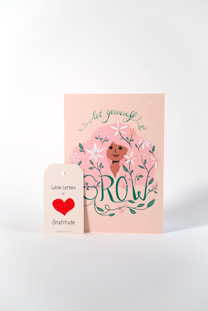 "Let Yourself Grow" Hand-Lettered Card w. Woman's Face, Long Hair & Flowers - Recycled Eco Greeting Card + Envelope, Blank inside (Grow & Bloom)