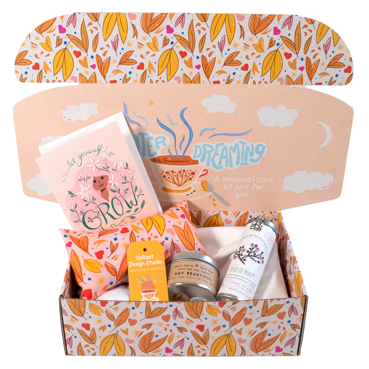 Encouragement Gift Box: Lavender Eye Pillow, Floral Tea, Honey, "Hey Beautiful" Candle, and Greeting Card (Natural Comforts / Winter Dreaming)
